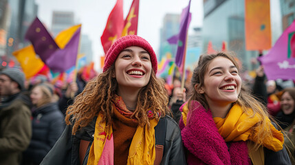 Obraz premium Two young women smiling and celebrating at a vibrant pride parade with colorful flags in the background
