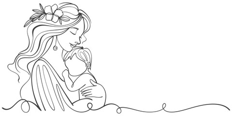Mother and baby line art vector illustration, mothers day celebration background