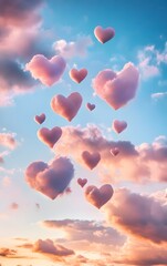 Fototapeta premium Valentine's Day sky Sky filled with floating heart-shaped clouds, soft pastel sunset colors, romantic atmosphere