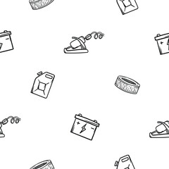Simple black and white seamless pattern with car parts icons, pump, canister, filter, battery. Endless vector background with automotive theme for decoration, wrapping paper, print, wall decoration