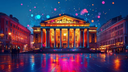 Grand Illuminated Building with Festive Lights Reflecting in Rainy City Square at Night