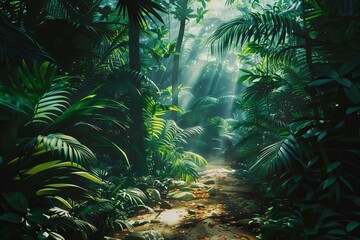 Sunbeams illuminate a path through a lush, vibrant tropical rainforest, creating a magical and serene atmosphere