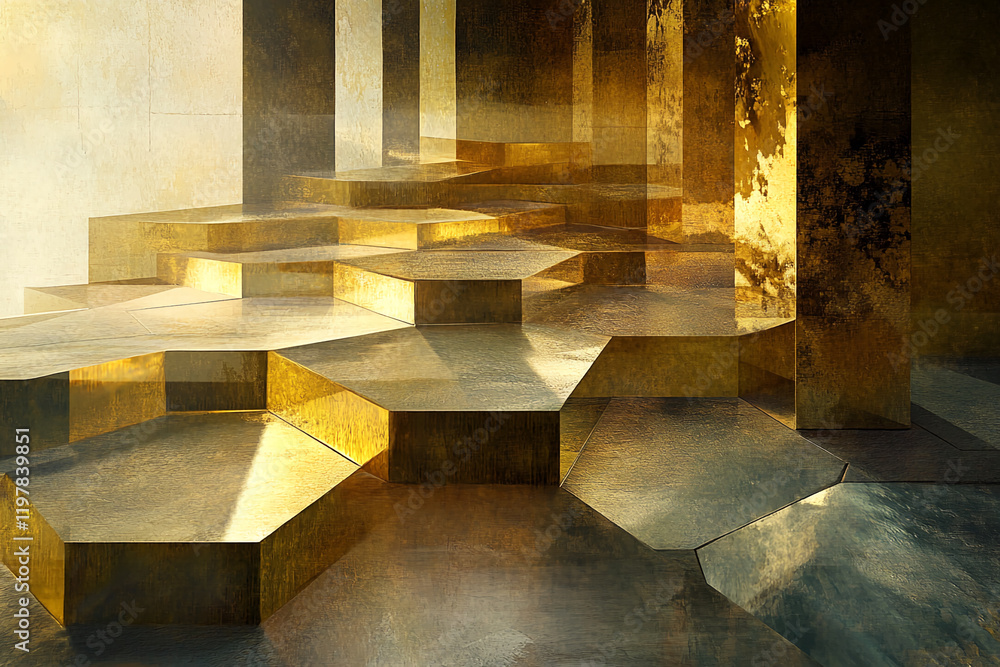 Aufkleber Abstract golden metallic hexagonal geometric structures with lighting effects
