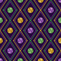 Geometric beaded pattern with fleur de lis symbol in center of grid cells. Diagonal diamond shaped rhombus grid, ornament. Decoration for Mardi Gras carnival. Vintage style illustration