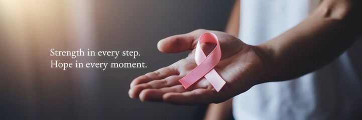 Hand holding a pink ribbon with soft diffused light in the background