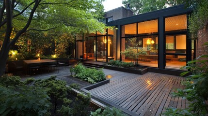 Obraz premium Serene Evening at a Modern Backyard Oasis