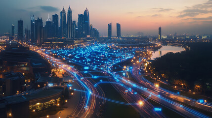 Fototapeta premium Abstract business man stands on the peak of success amid tall, innovative Smart city and graphs with statistics to analyze business potential and predict future developments in company growth.