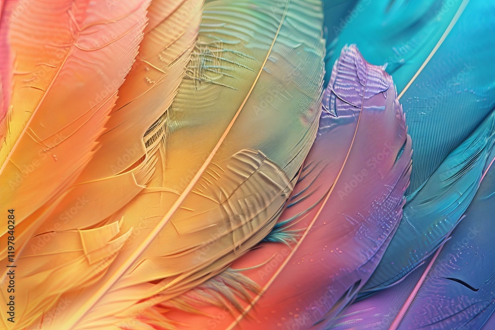 Poster colorful feathers are overlapping, creating a vibrant and textured abstract background, full of deta