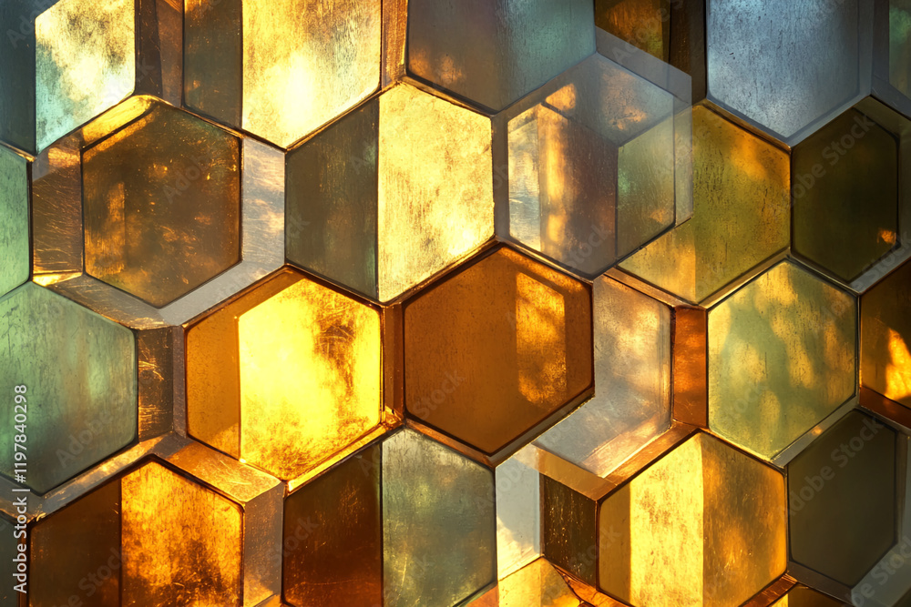 Poster abstract golden metallic hexagonal geometric shapes with reflections and light
