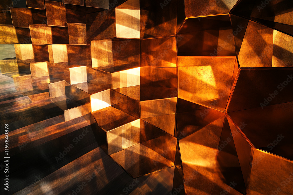 Poster abstract close-up of golden hexagonal geometric shapes with reflections and light