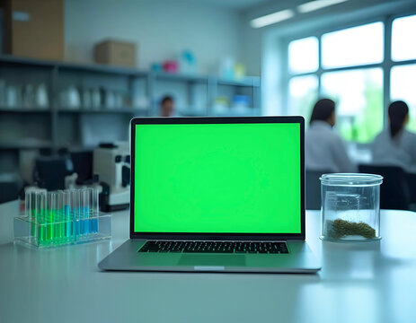 Laptop with Green Screen on Laboratory Table Surrounded by Test Tubes and Scientific Equipment
