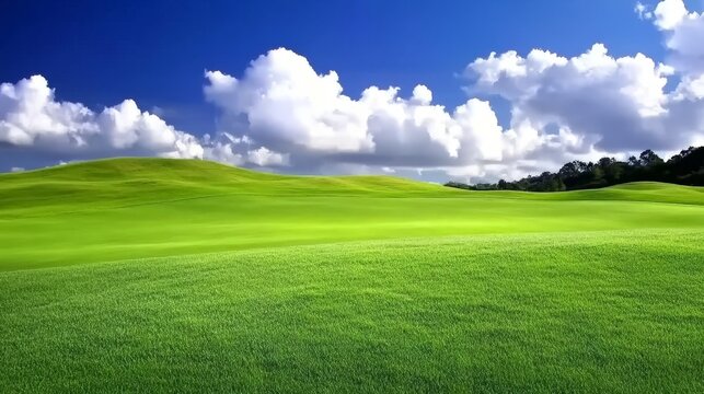 Lush green golf course under a blue sky with puffy clouds