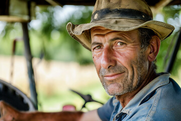 Generative AI Portrait of Male Farmer in Rural Environment with Agricultural Machines Ranch Harvesting Work