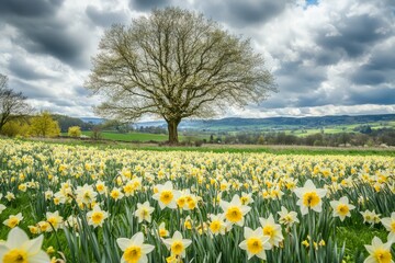 Fototapeta premium Majestic oak tree overlooking a vast field of blooming daffodils under cloudy skies