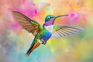 Fototapeta premium Small colorful hummingbird flying with open wings on a psychedelic background