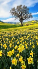 Fototapeta premium Majestic oak tree overlooks vibrant daffodil field in serene spring landscape