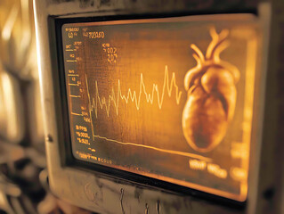 Intriguing closeup of a vintage medical monitor displaying a heart graphic and ECG waveform.  Warm, amber tones create a nostalgic, yet technologically advanced aesthetic.