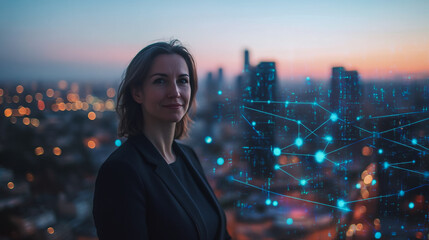 abstract, business, team, stands, peak, success, Abstract business man stands on the peak of success amid tall, innovative Smart city and graphs with statistics to analyze business potential and predi