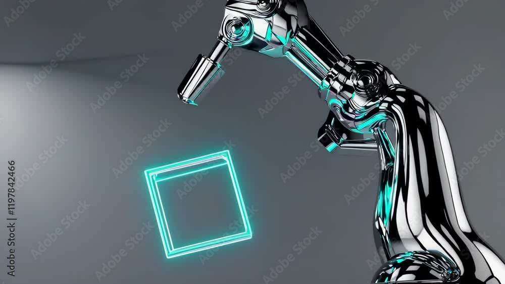 Poster robotic arm handling transparent cube futuristic footage