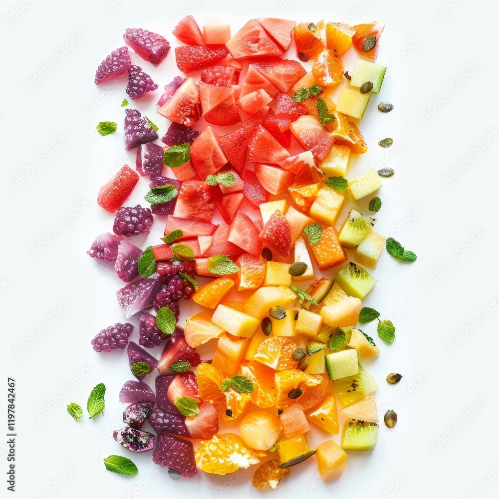 Poster freshly cut fruits and berries arranged in a rainbow gradient, creating a visually appealing and hea