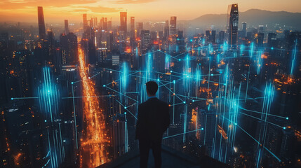 Obraz premium abstract, business, team, stands, peak, success, Abstract business man stands on the peak of success amid tall, innovative Smart city and graphs with statistics to analyze business potential and predi