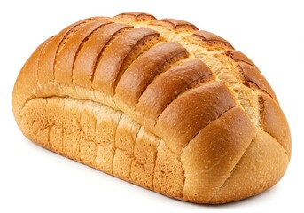 A freshly baked golden-brown bread loaf with a smooth crust and diagonal cuts, isolated on a white background