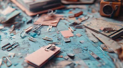 Closeup shot of scattered paperclips and notes on a textured blue surface.  A visually appealing image ideal for concepts related to organization, planning, travel, or nostalgia.