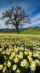 Fototapeta premium Majestic oak tree surrounded by daffodils in spring landscape