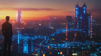 abstract, business, team, stands, peak, success, Abstract business man stands on the peak of success amid tall, innovative Smart city and graphs with statistics to analyze business potential and predi