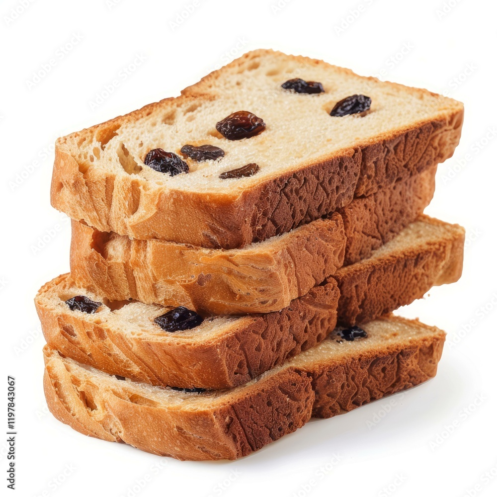 Poster four slices of toasted raisin bread stacked on a white background, creating a tempting image for bre