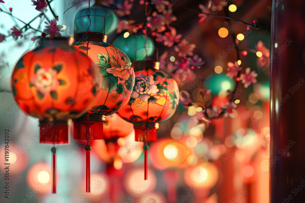 Aufkleber row of colorful lanterns hang from a pole, creating a festive atmosphere. the lanterns are of variou