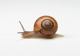 A small snail with a spiral-patterned brown shell crawling slowly isolated on a white background
