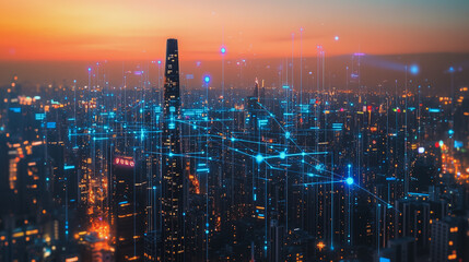 Fototapeta premium abstract, business, team, stands, peak, success, Abstract business man stands on the peak of success amid tall, innovative Smart city and graphs with statistics to analyze business potential and predi