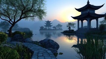 Serene sunrise over misty Asian pagodas, tranquil lake, garden path