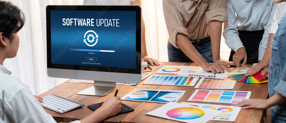 Poster Software update on computer for brisk version of device software upgrade