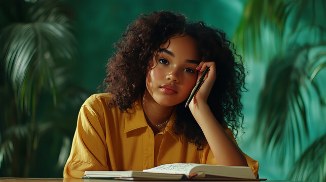 A hyper-realistic 12K resolution photo of a 15-year-old college girl sitting at a desk, taking notes in a notebook, - Powered by Adobe
