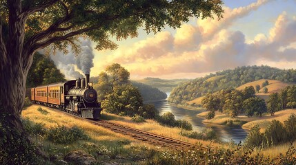 Obraz premium A romantic scene with a couple taking a scenic train ride through a picturesque landscape 