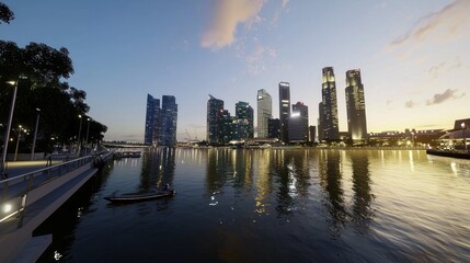 Obraz premium Singapore waterfront sunset, boatman, city skyline, reflection