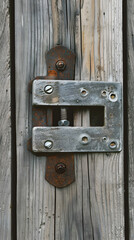 Fototapeta premium Close-Up View of a Vintage Metallic Latch Mechanism on a Weathered Wooden Door, Emphasizing the Contrast Between Metal Hardware and Natural Wood Grain
