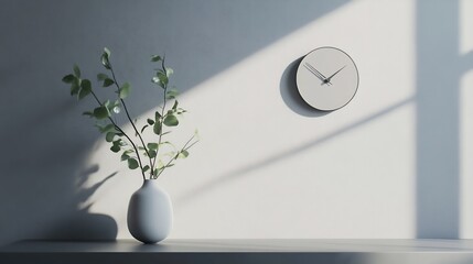 Minimalist Home Decor: Greenery and Clock in Sunlight