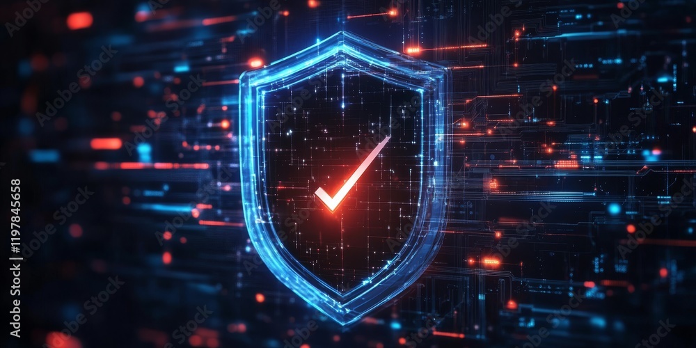 Poster a prominently displayed shield icon that represents the critical importance of cybersecurity, emphas