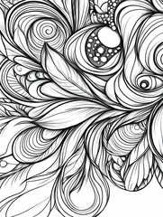 Intricate abstract black and white line art with swirling shapes and textures