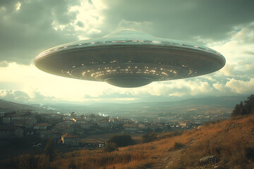 A mysterious photograph of an alien flying saucer hovering over fields and houses, blending surrealism and intrigue with dramatic lighting and eerie shadows to evoke a sense of wonder and suspense.