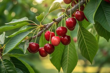 Red ripe cherries on a tree branch in the garden