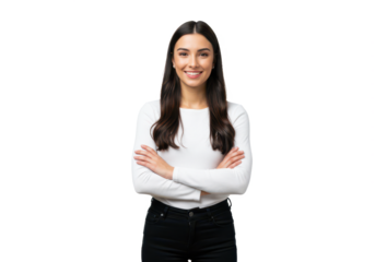 A cheerful young woman with long dark hair, wearing a white shirt and black pants, standing with arms crossed and smiling isolated on transparent background