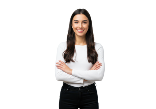A cheerful young woman with long dark hair, wearing a white shirt and black pants, standing with arms crossed and smiling isolated on transparent background