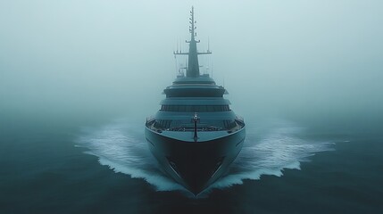 Dark Luxury Yacht Sailing Through Foggy Waters