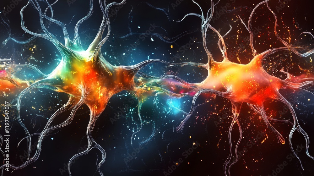 Poster colorful artistic representation of neurons firing, synaptic connections within a neural network