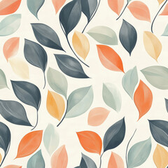 Autumnal Leaves Pattern: A charming seamless pattern featuring stylized leaves in warm autumnal hues of coral, teal, and mustard yellow on a creamy backdrop. Perfect for textile design, wallpaper.