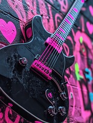 Obraz premium Black Electric Guitar with Hot Pink Accents Leaning Against Graffiti Wall Art
